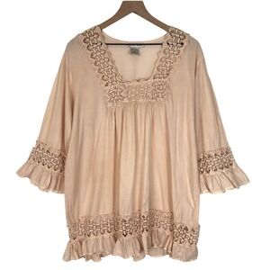 VTG CUTE OPTIONS 100% Cotton & Lace Tunic Top Sz XL Peach Lace Boho Festival